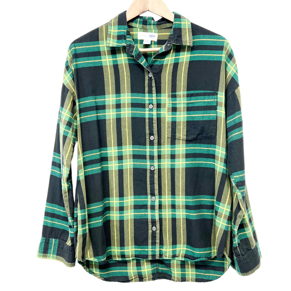 Old Navy Black and Green Plaid Button-Down Shirt